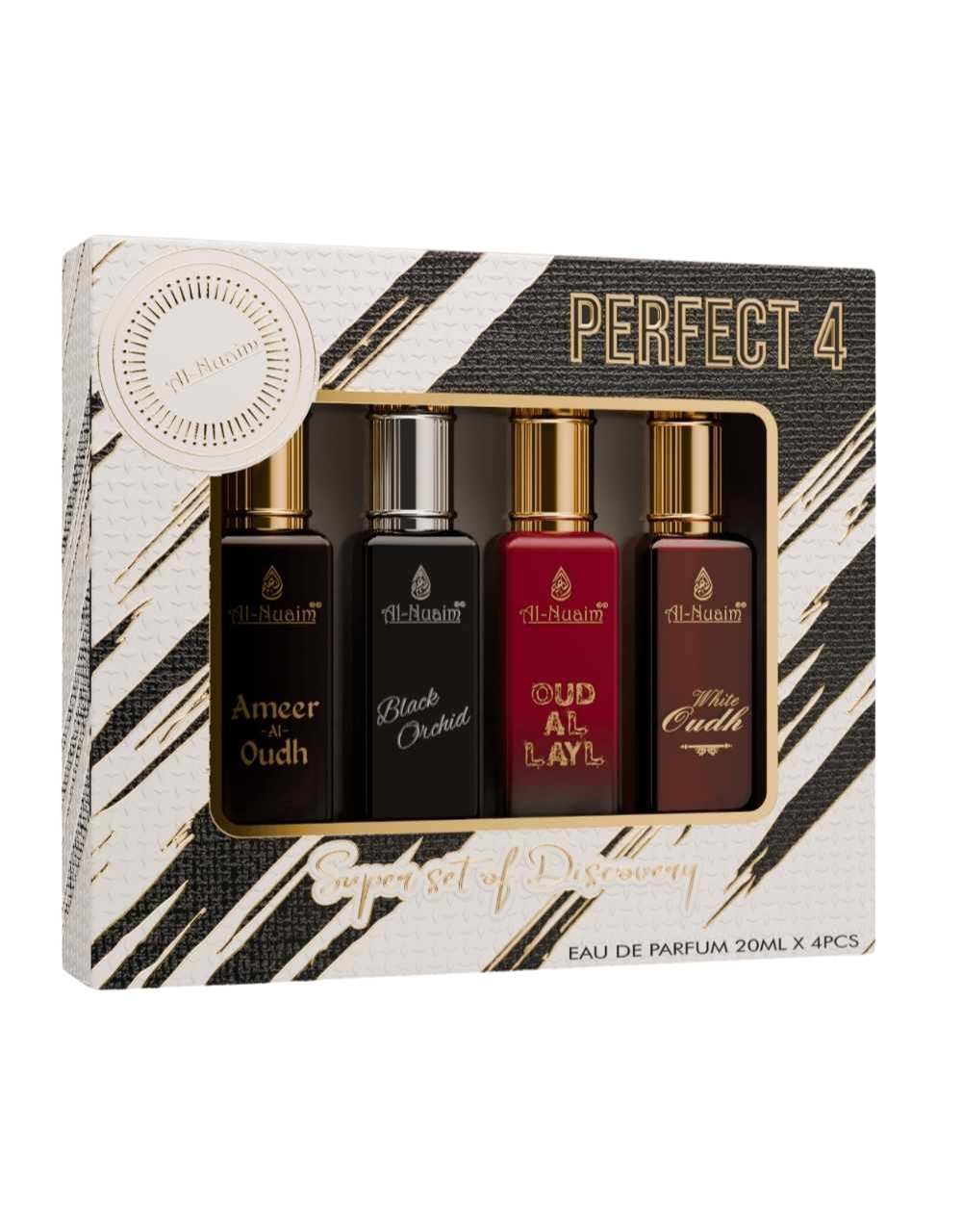 Al-Nuaim Perfect 4 EDP Gift Set of 4 For Unisex Oud-Al-Layl, Ameer-Al-Oudh, White Oudh, Black Orchid EDP - 20ml