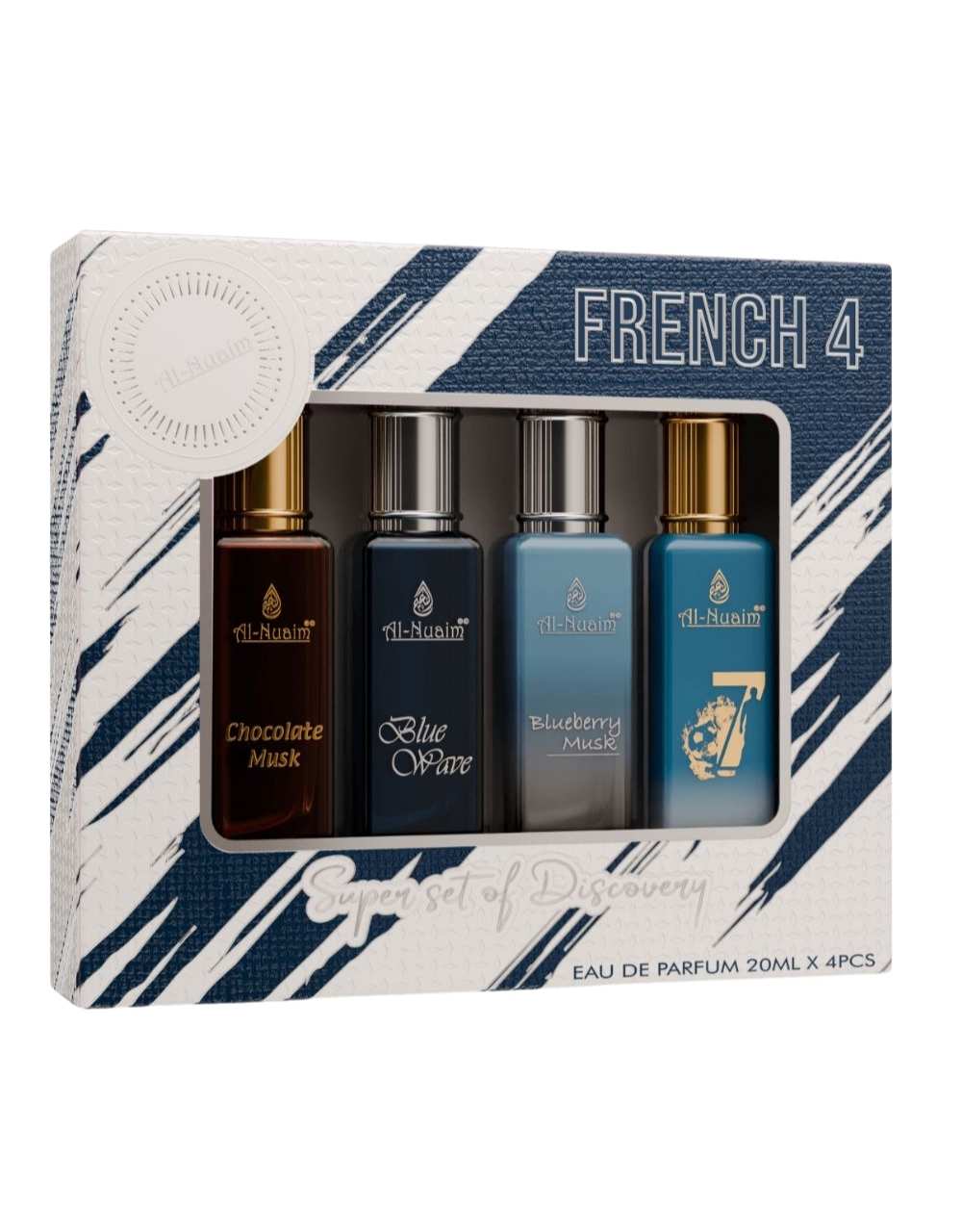 Al-Nuaim French 4 EDP Gift Set of 4 Unisex Fragrance Chocolate Musk, Blue Wave, Blueberry Musk, 07 Eau De Perfume - 20ml