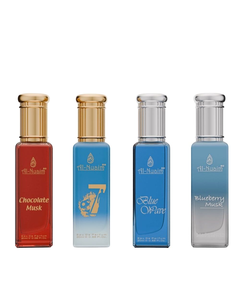 Al-Nuaim French 4 EDP Gift Set of 4 Unisex Fragrance Chocolate Musk, Blue Wave, Blueberry Musk, 07 Eau De Perfume - 20ml