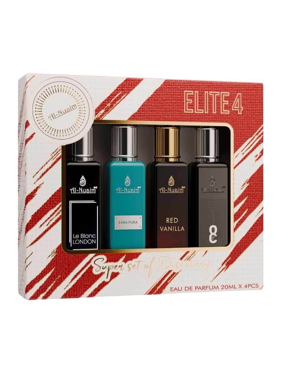 Al-Nuaim Elite 4 EDP Gift Set of 4 Unisex Fragrance Le Blanc London, Erba Pura, Red Vanila, 8 PM Eau De Perfume - 20ml